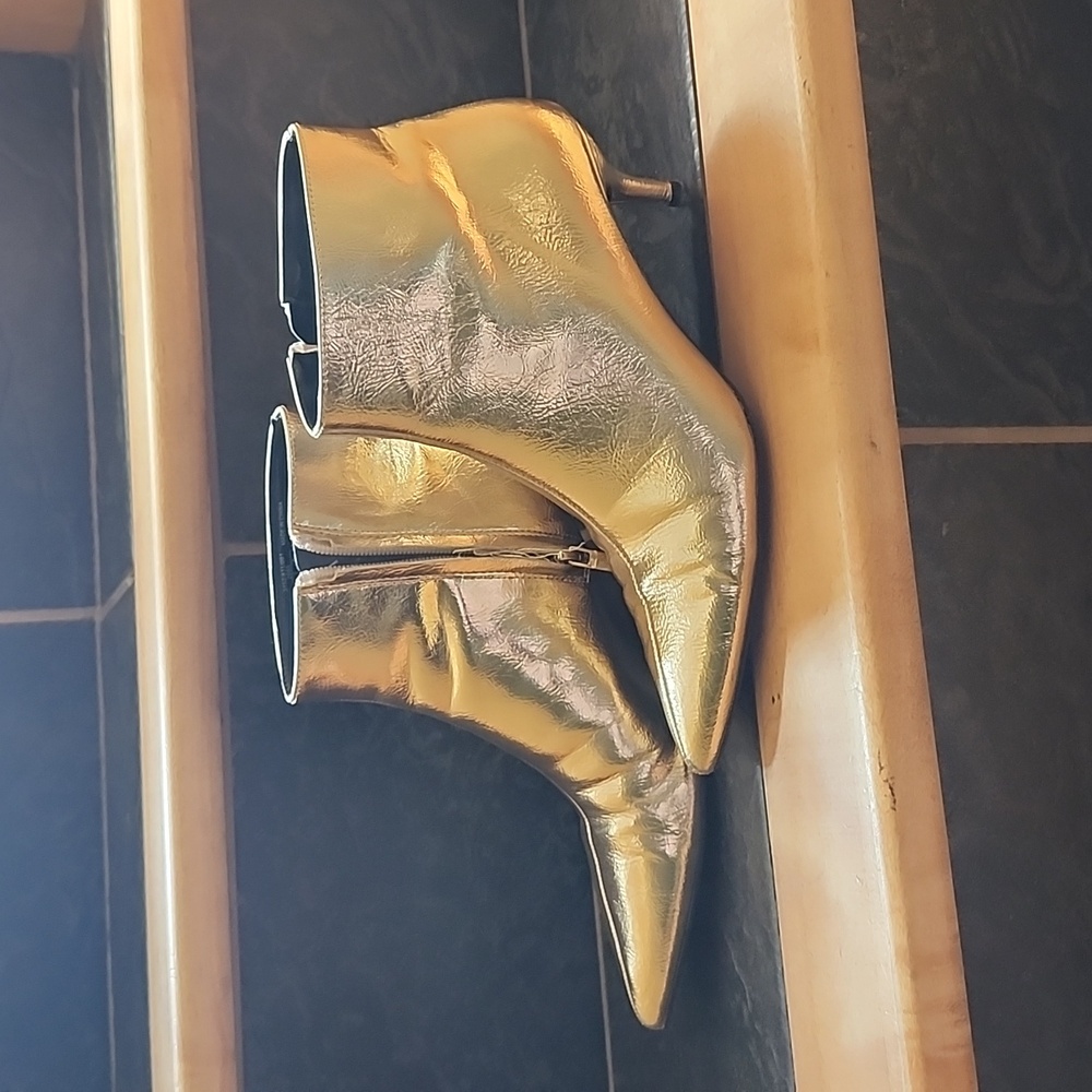Zara Gold Lamè Faux Leather Kitten Heel Ankle Boots